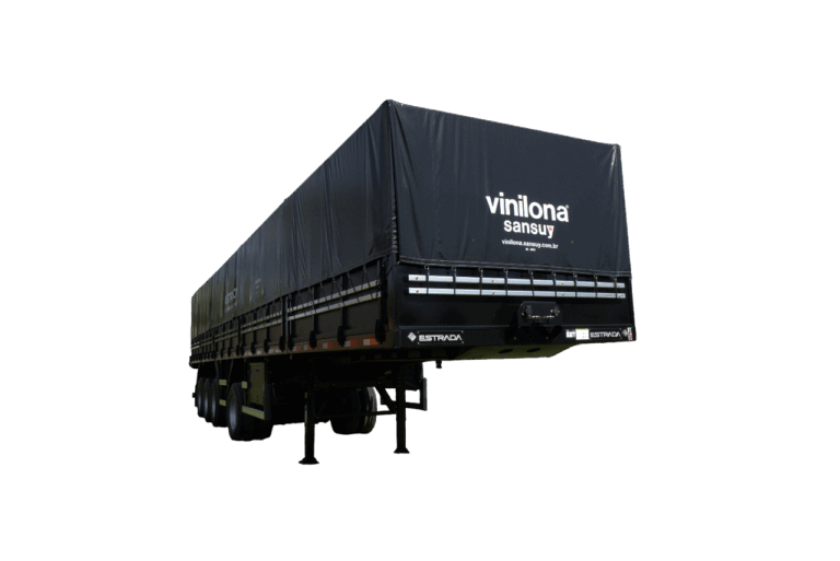 Semirreboque graneleiro 4 eixos Estrada Implementos, equipado com lona Vinilona Sansuy preta, projetado para transporte de grãos com alta capacidade e durabilidade.
