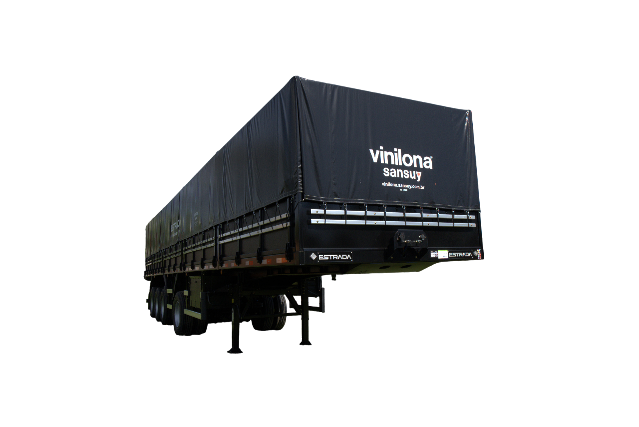 Semirreboque graneleiro 4 eixos Estrada Implementos, equipado com lona Vinilona Sansuy preta, projetado para transporte de grãos com alta capacidade e durabilidade.