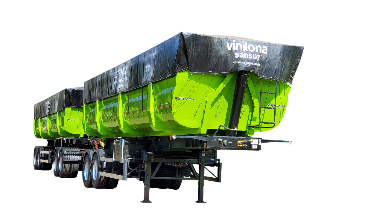 Rodotrem basculante Estrada Implementos, na cor verde com lona preta Vinilona Sansuy, projetado para transporte de grãos com alta capacidade, resistência e eficiência logística.