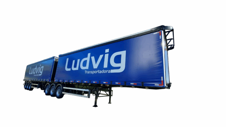 Rodotrem graneleiro com lona azul tensionada personalizada e logotipo branco em destaque, equipado com múltiplos eixos para transporte rodoviário de cargas a granel. Fundo neutro, destacando o implemento.