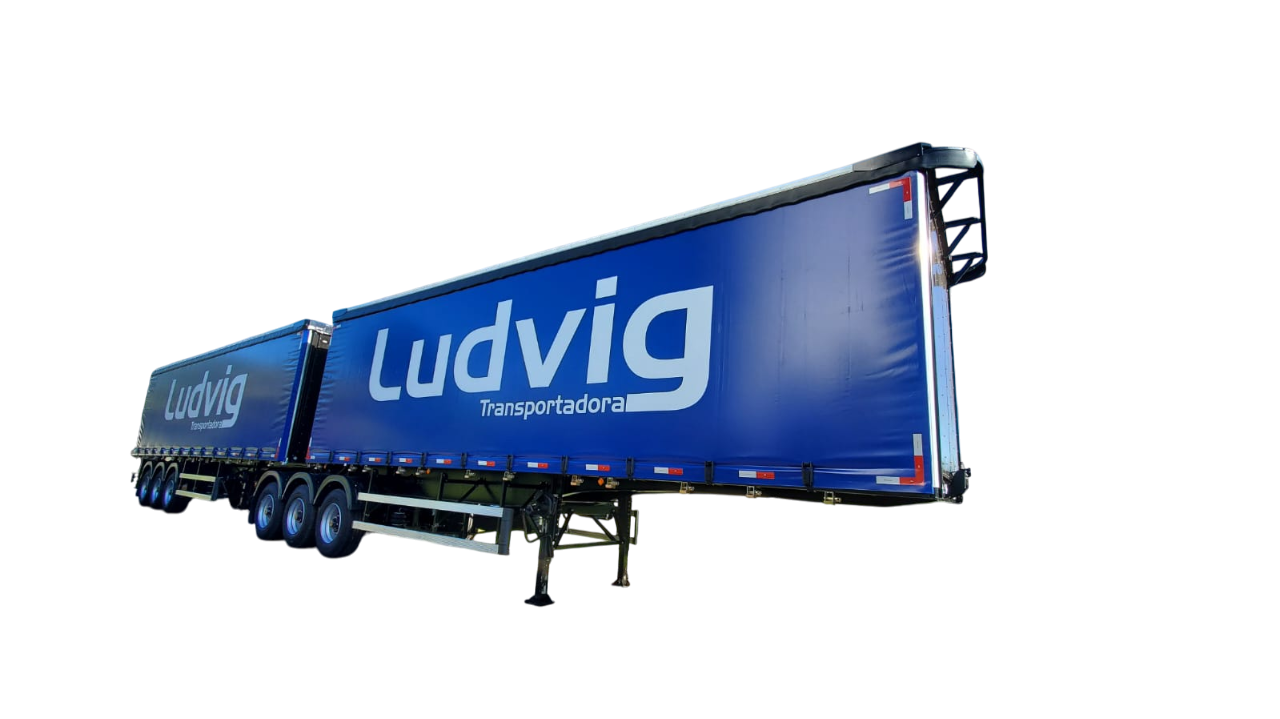 Rodotrem graneleiro com lona azul tensionada personalizada e logotipo branco em destaque, equipado com múltiplos eixos para transporte rodoviário de cargas a granel. Fundo neutro, destacando o implemento.